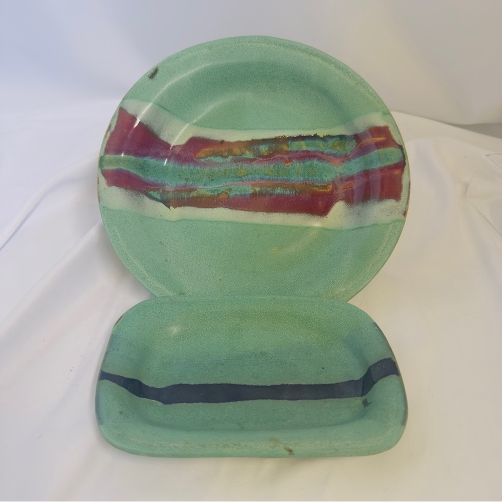 Hand Made and Painted Shallow Bowl Plate and Trinket Dish Green Purple Glazed